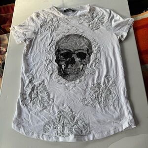 Breezy Premium White Skull  Rhinestone Embellished Graphic T-Shirt Size S Grunge